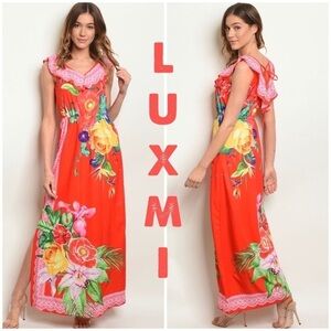 Gorgeous red ruffle vibrant floral maxi dress